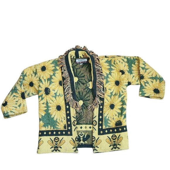 Vintage Cardigan Large Tapestry Blanket Sunflower Open Front Floral Fringe Its i - Picture 2 of 4